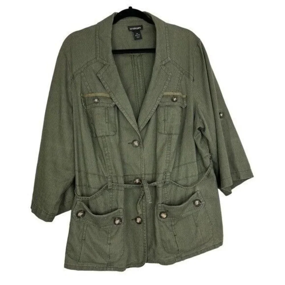 LANE Bryant Linen Green Utility Rollup Sleeves Jacket Size 20 - Picture 3 of 7